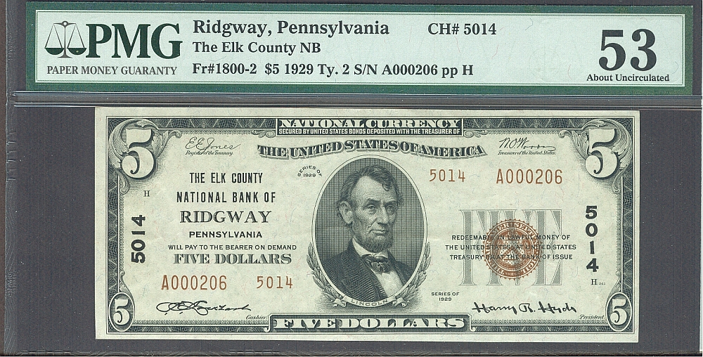 Ridgway, PA, Ch.#5014 1929T2 $5, Elk Co. NB, A000206, AU, PMG-53